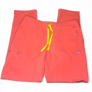 FIGS Coral Scrub Pants with Neon Yellow Drawstring